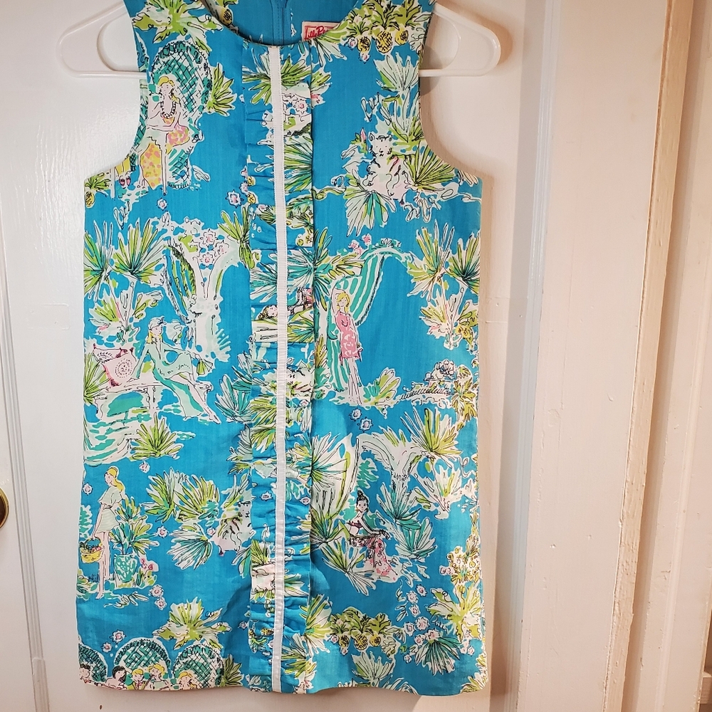 Lilly Pulitzer Jungle Glam Blue,Pink,Green Girls Dress with Ruffle Size 12